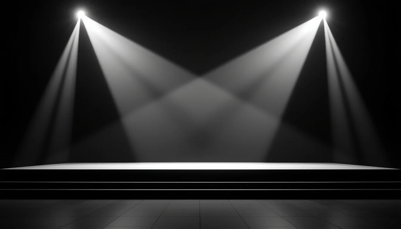 Editorial illustration: Two spotlights converging on an empty stage floor, their beams creating sharp geometric patterns of  — MonstarX