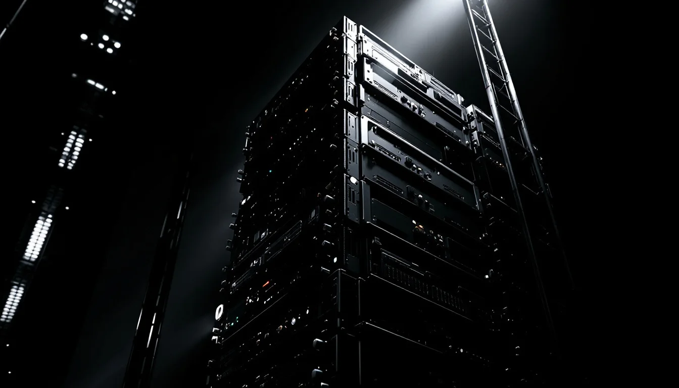 Editorial illustration: A towering stack of computer server units or circuit boards photographed from a low angle, bathed in — MonstarX
