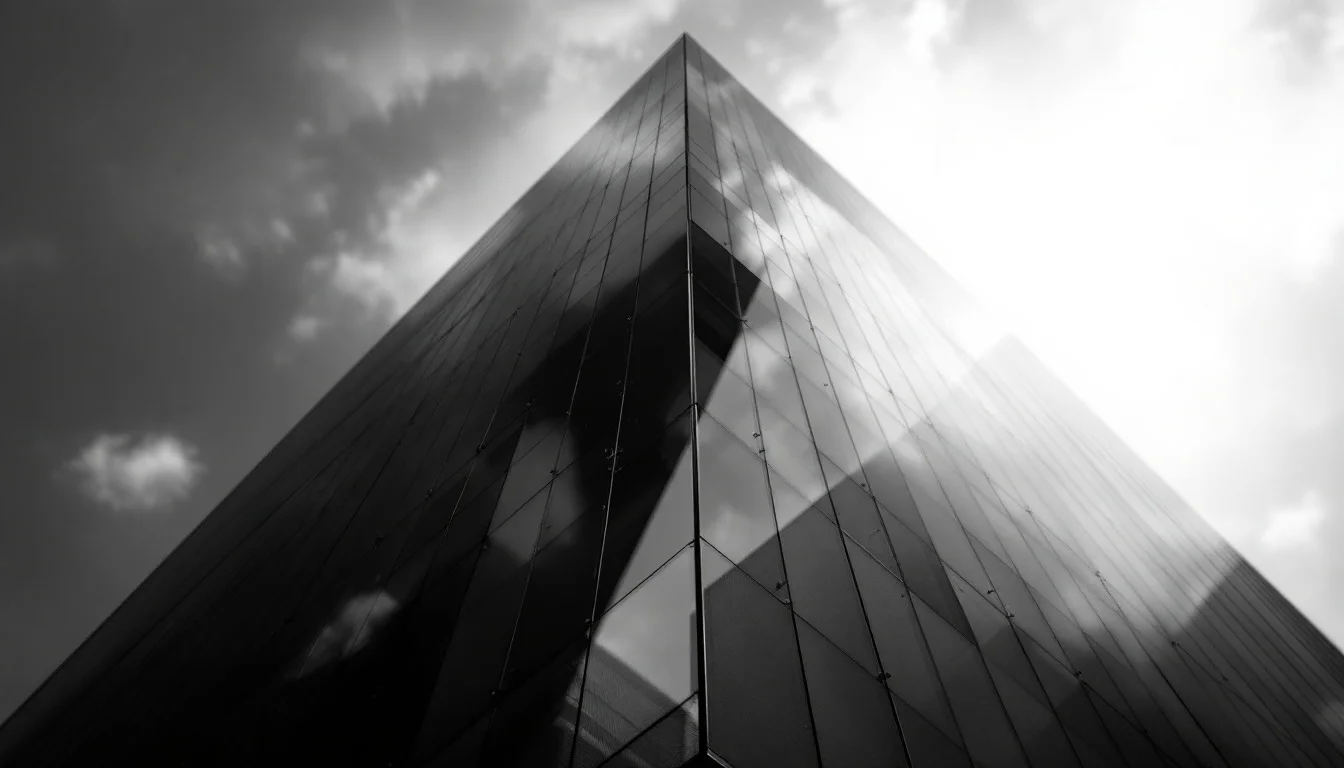 Editorial illustration: A high-rise glass building mid-acquisition, photographed from a low angle with dramatic overhead lig — MonstarX
