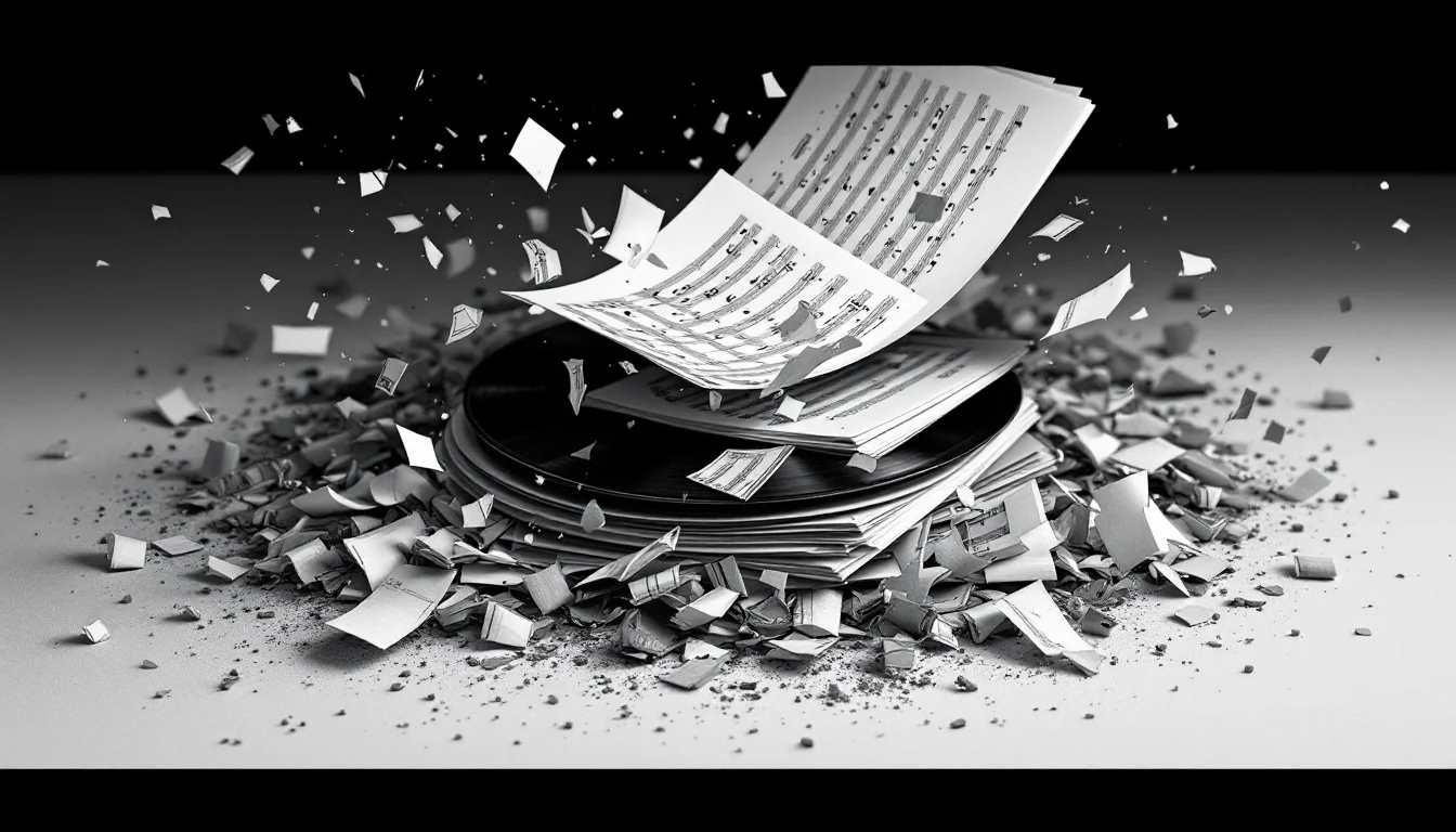 Editorial illustration: A stack of vinyl records or sheet music pages being fed into an industrial shredder or machine, with — MonstarX