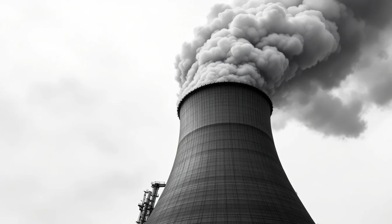 Editorial illustration: A massive industrial gas turbine exhaust stack photographed from a low angle, with dense gray smoke  — MonstarX