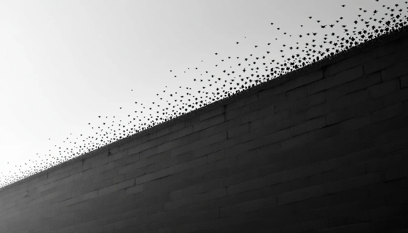 Editorial illustration: A high brick or concrete wall photographed from a low angle, with its surface casting deep shadows.  — MonstarX