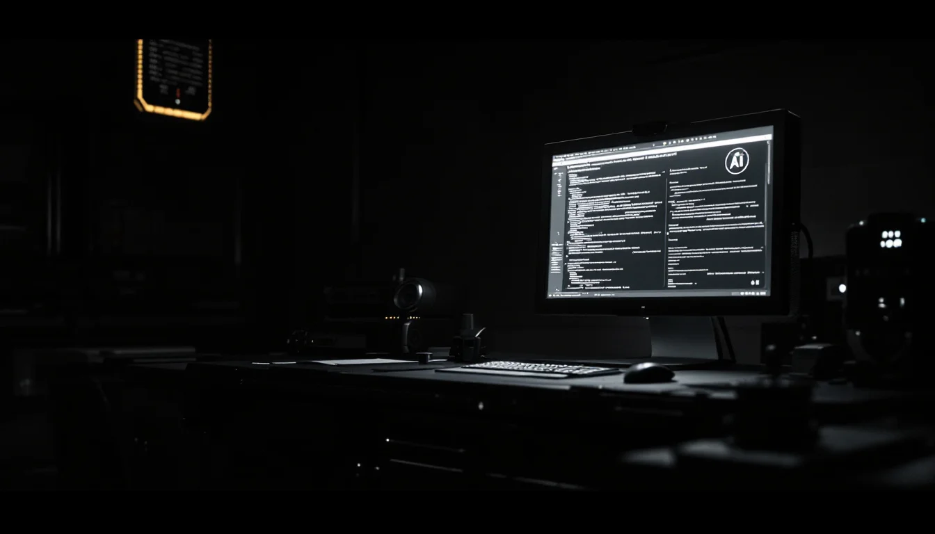 Editorial illustration: A secure military command center terminal glowing softly in darkness, its screen displaying encrypte — MonstarX