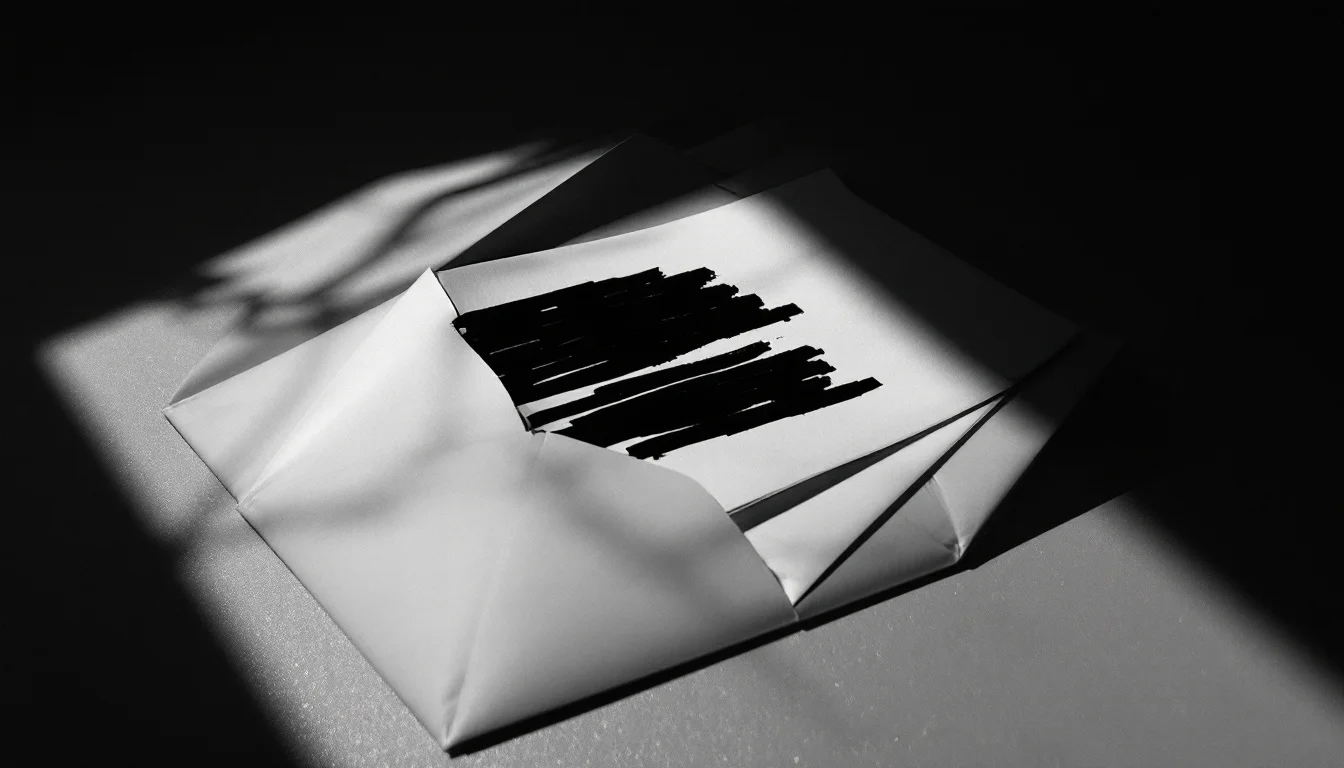 Editorial illustration: A sealed envelope or classified folder sits on a stark desk, partially open to reveal redacted docum — MonstarX