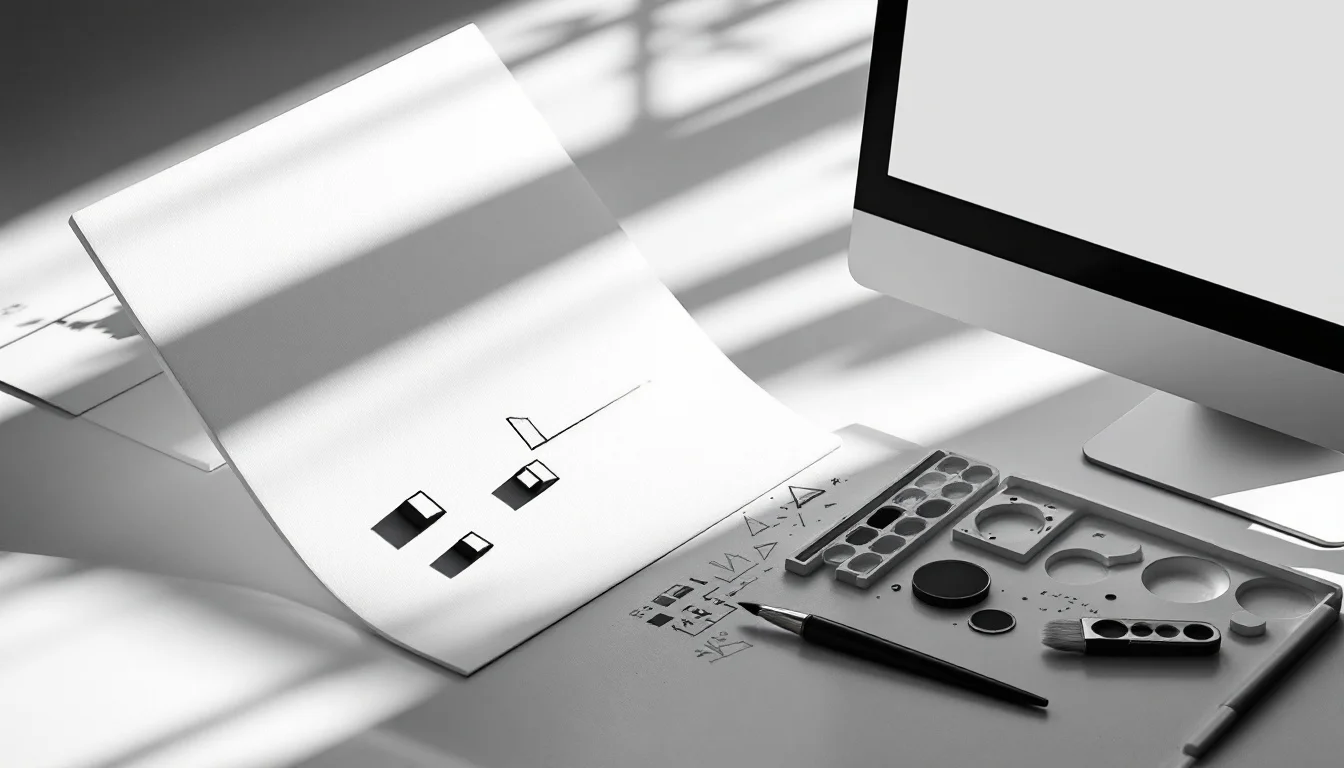 Editorial illustration: A blank canvas or artist's palette sits on a clean desk beside a computer monitor, with soft light i — MonstarX