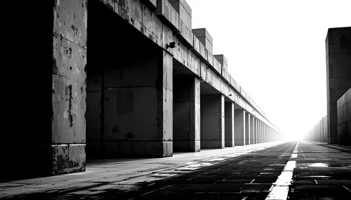 Editorial illustration: A fortified concrete barrier or checkpoint gate viewed head-on, with layered defensive structures re — MonstarX