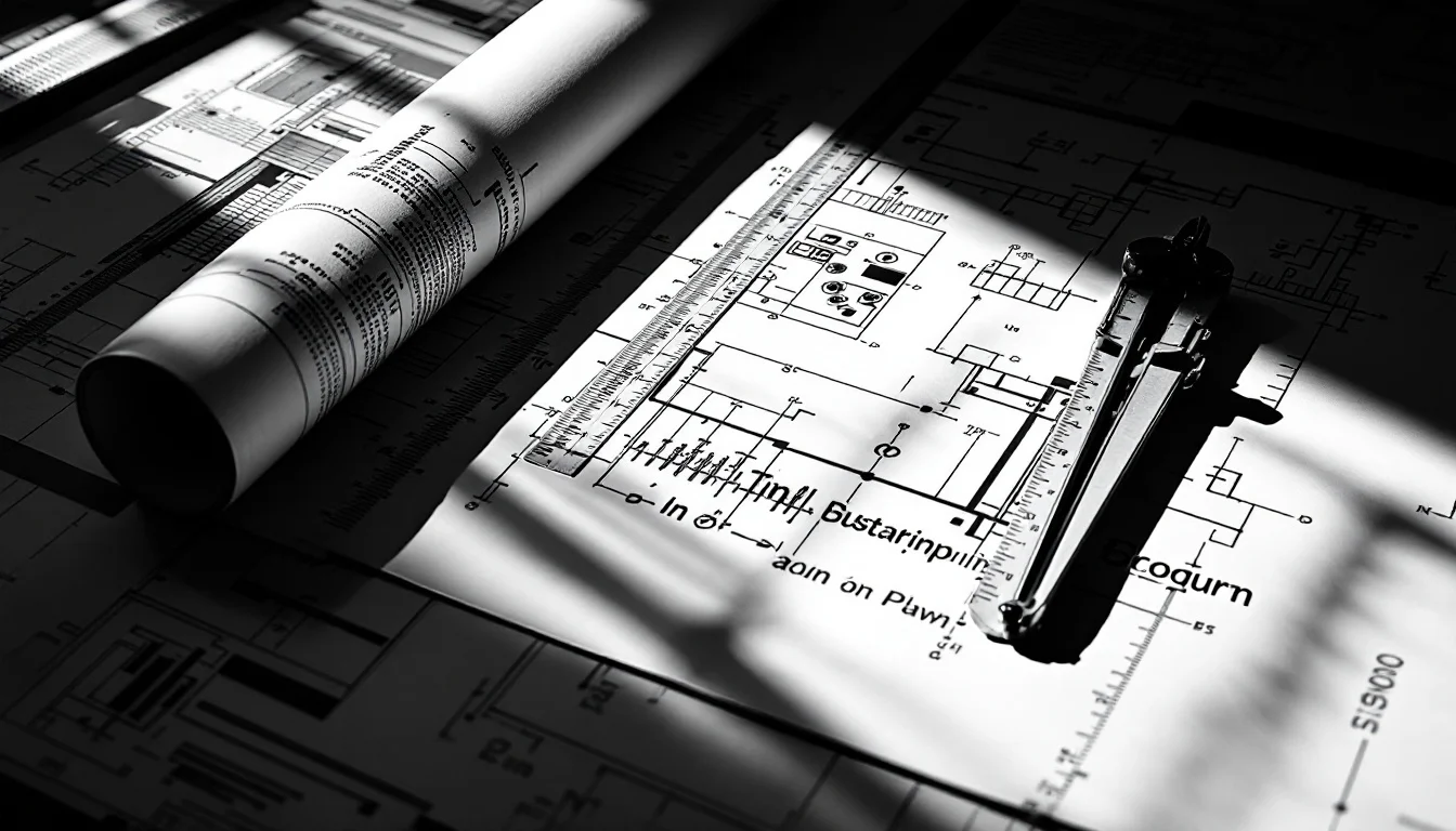 Editorial illustration: A blueprint or architectural drawing spread across a work surface, with a ruler and compass position — MonstarX