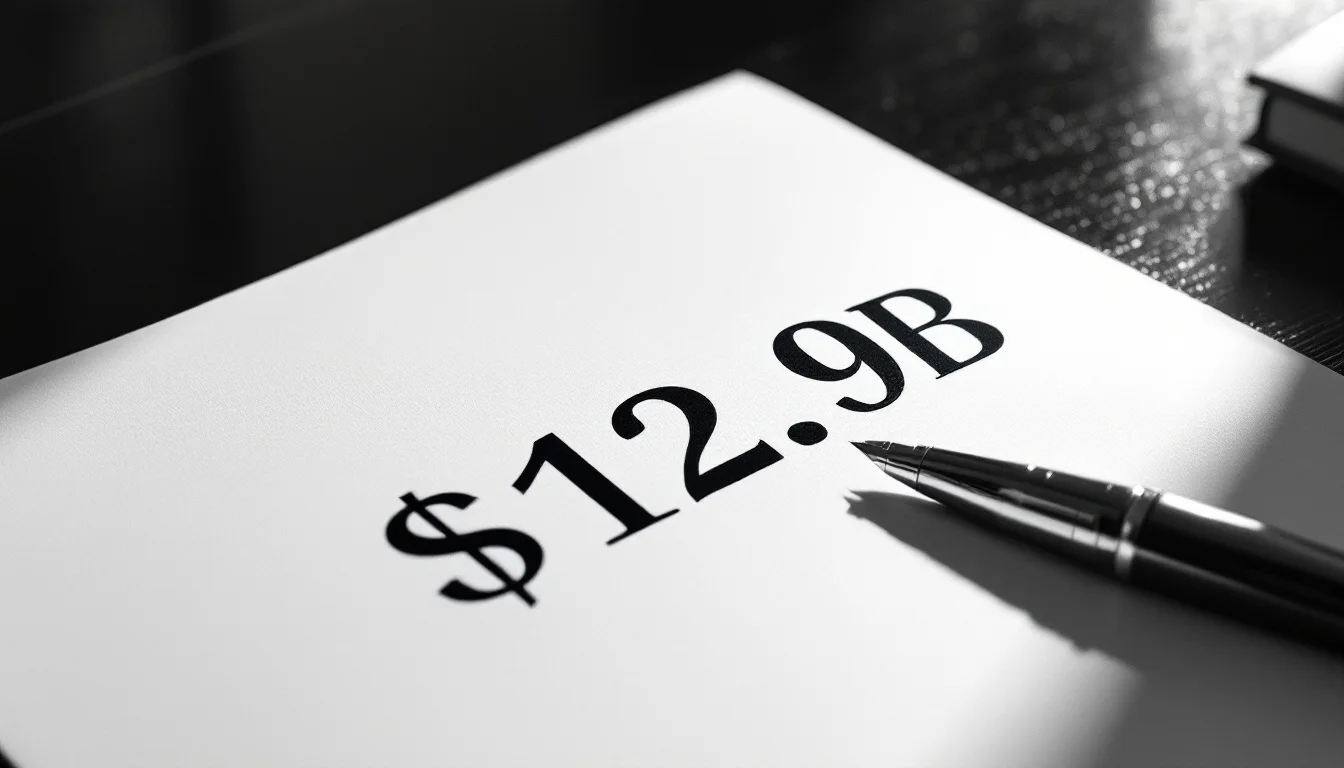 Editorial illustration: A formal contract or acquisition document lying on a polished desk surface, with a pen positioned at — MonstarX