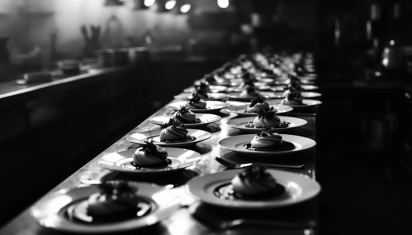Editorial illustration: A restaurant kitchen counter lined with identical plated dishes, each precisely the same—same garnis — MonstarX