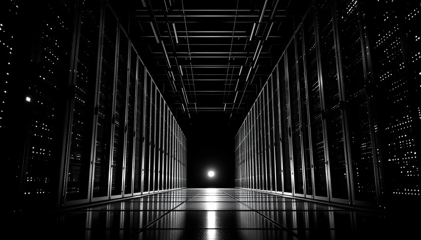 Editorial illustration: A massive industrial server rack or data center corridor receding into dramatic shadow, with a singl — MonstarX