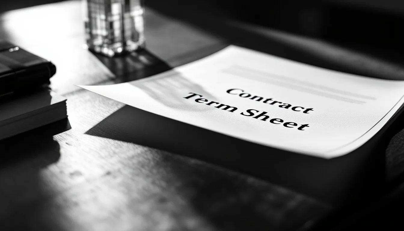 Editorial illustration: A stark contract or term sheet laid flat on a desk, partially signed, with a pen positioned at the e — MonstarX