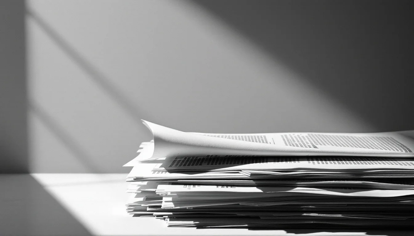 Editorial illustration: A stack of printed newspapers casting long shadows under harsh overhead light, with one newspaper pa — MonstarX