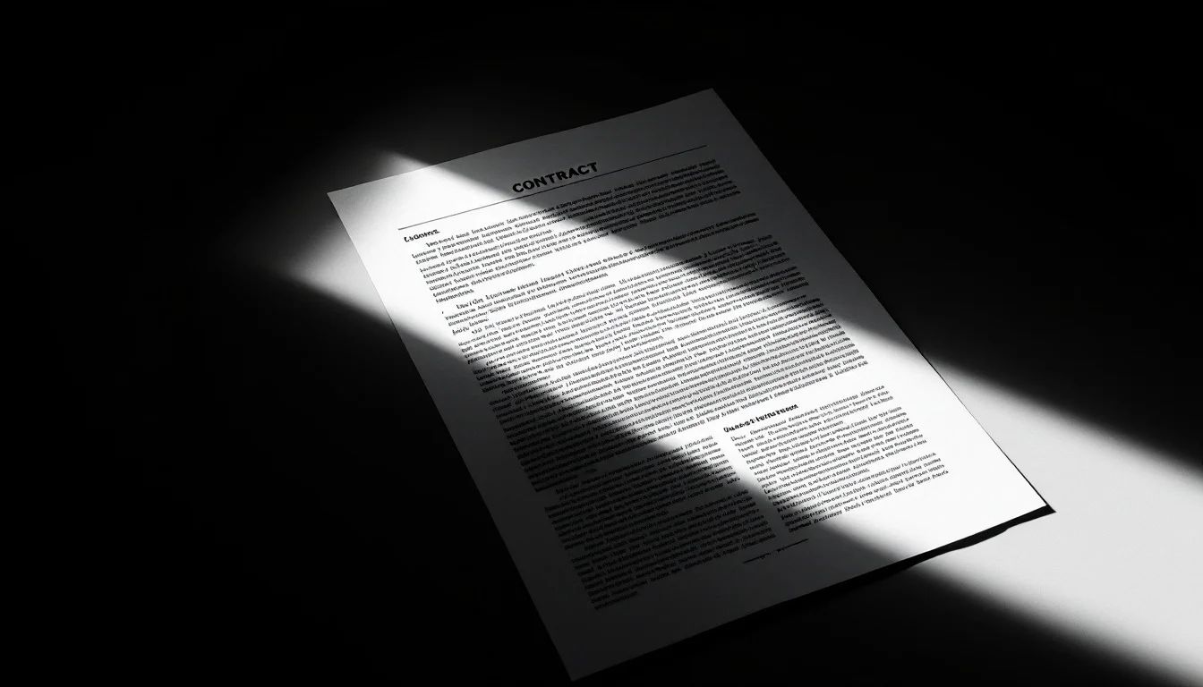 Editorial illustration: A partially obscured document or contract lying on a desk, with strategic sections redacted or delib — MonstarX