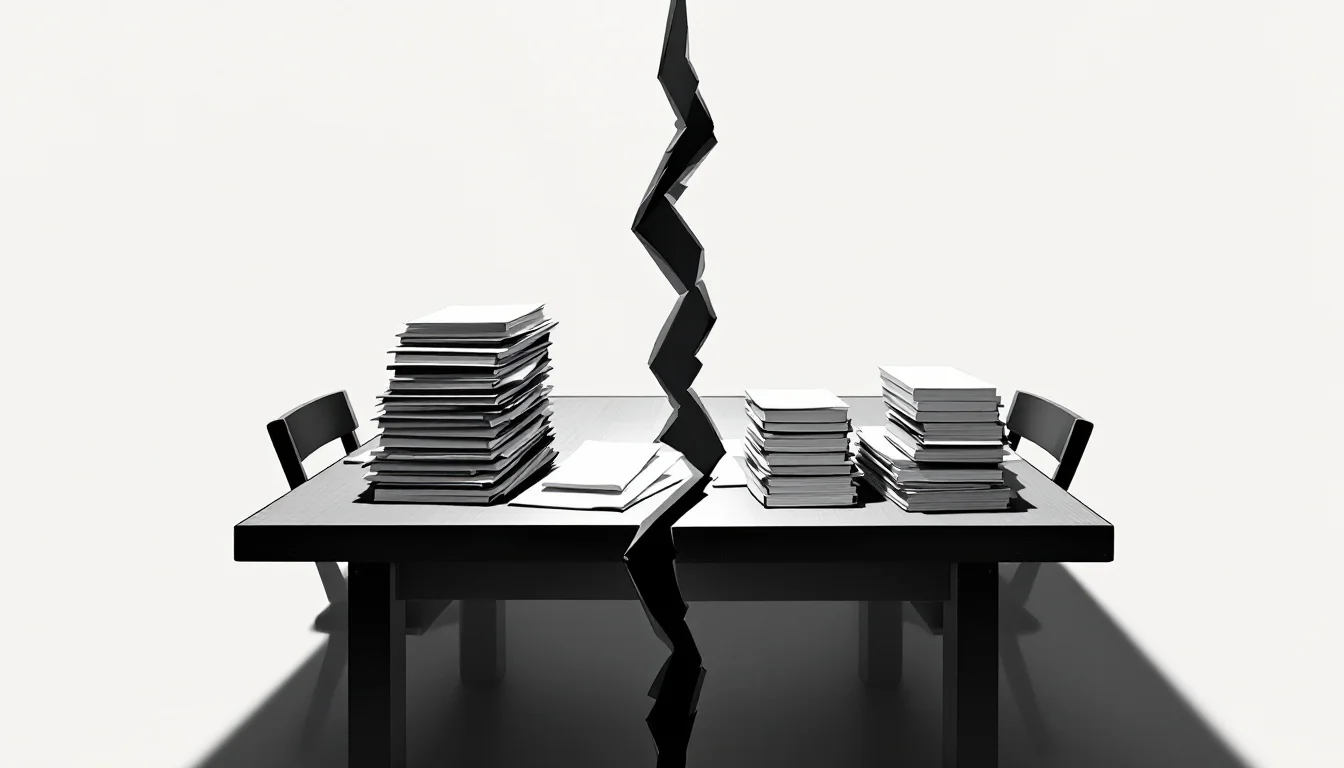 Editorial illustration: A courtroom table divided by a sharp shadow, with legal documents and settlement papers scattered un — MonstarX
