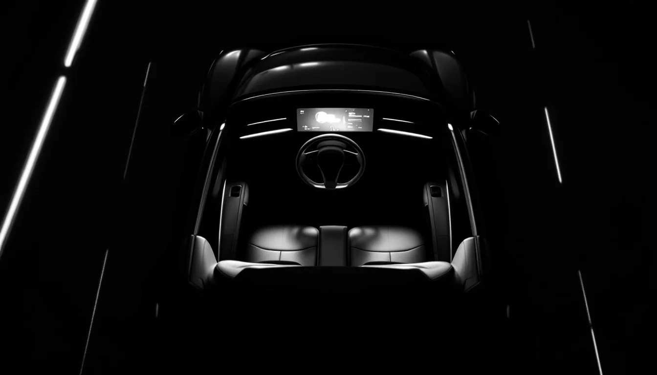 Editorial illustration: A sleek autonomous vehicle viewed from above, its steering wheel absent or dematerialized, with the  — MonstarX