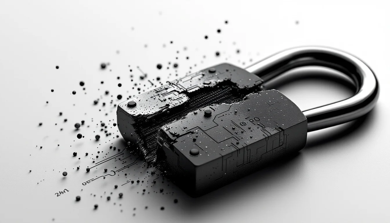 Editorial illustration: A close-up of a digital lock or padlock rendered in stark metallic detail, fractured or partially br — MonstarX