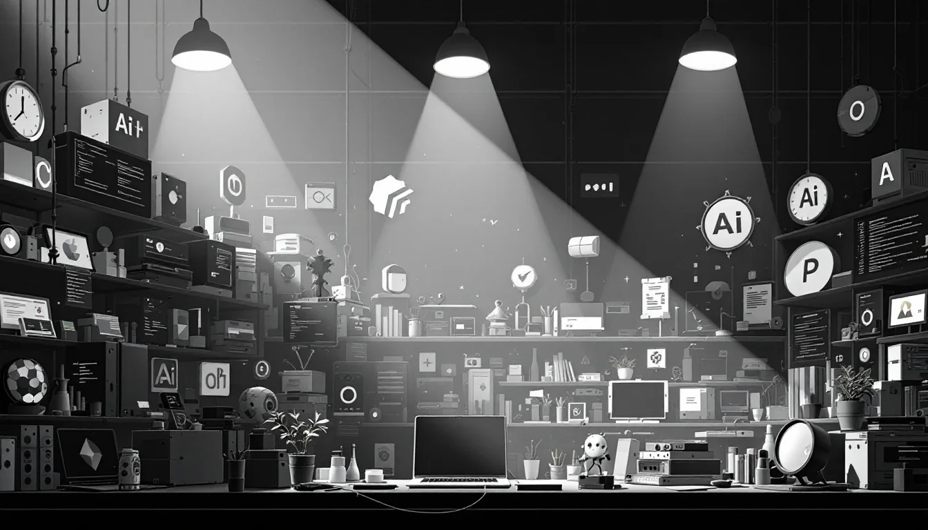 Editorial illustration: A crowded marketplace of software tools and code editors arranged on shelves or displayed side-by-si — MonstarX