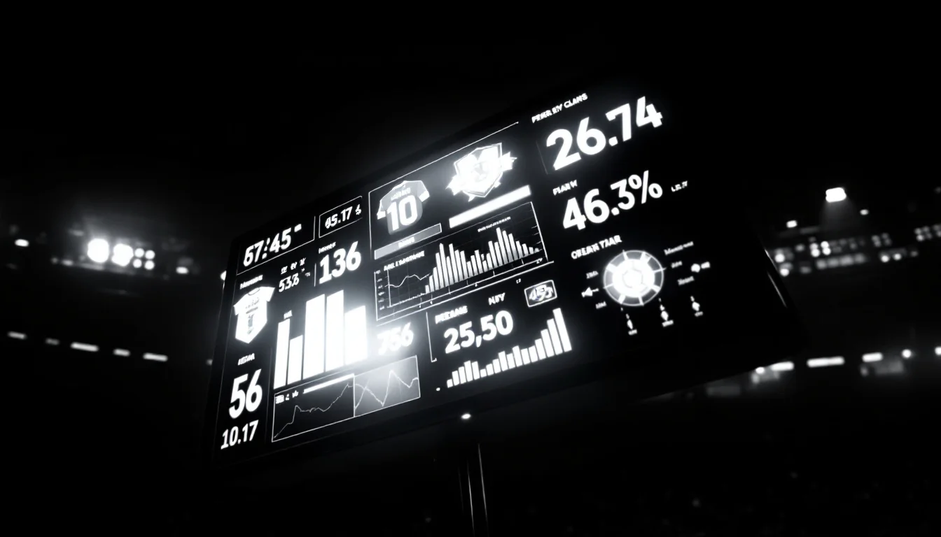 Editorial illustration: A stadium scoreboard or digital display panel showing real-time statistics and game information—jers — MonstarX